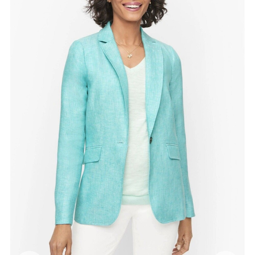 Talbots Turquoise Linen Herringbone Blazer Size 10 Single Button Timeless